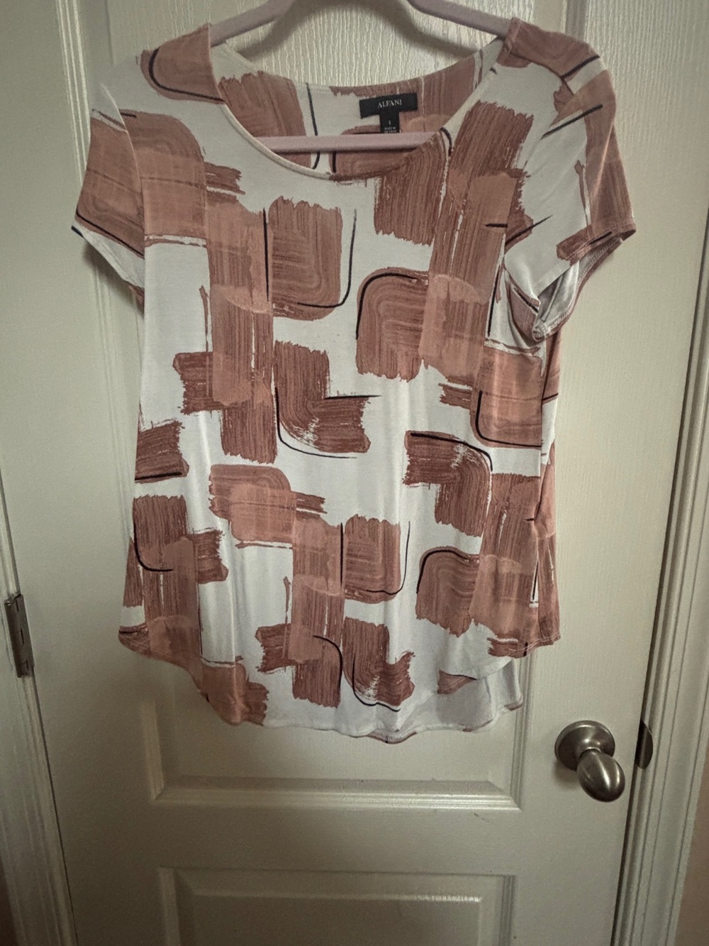 Alfani Women's Cream & Brown Brushstroke Short Sleeve Tee